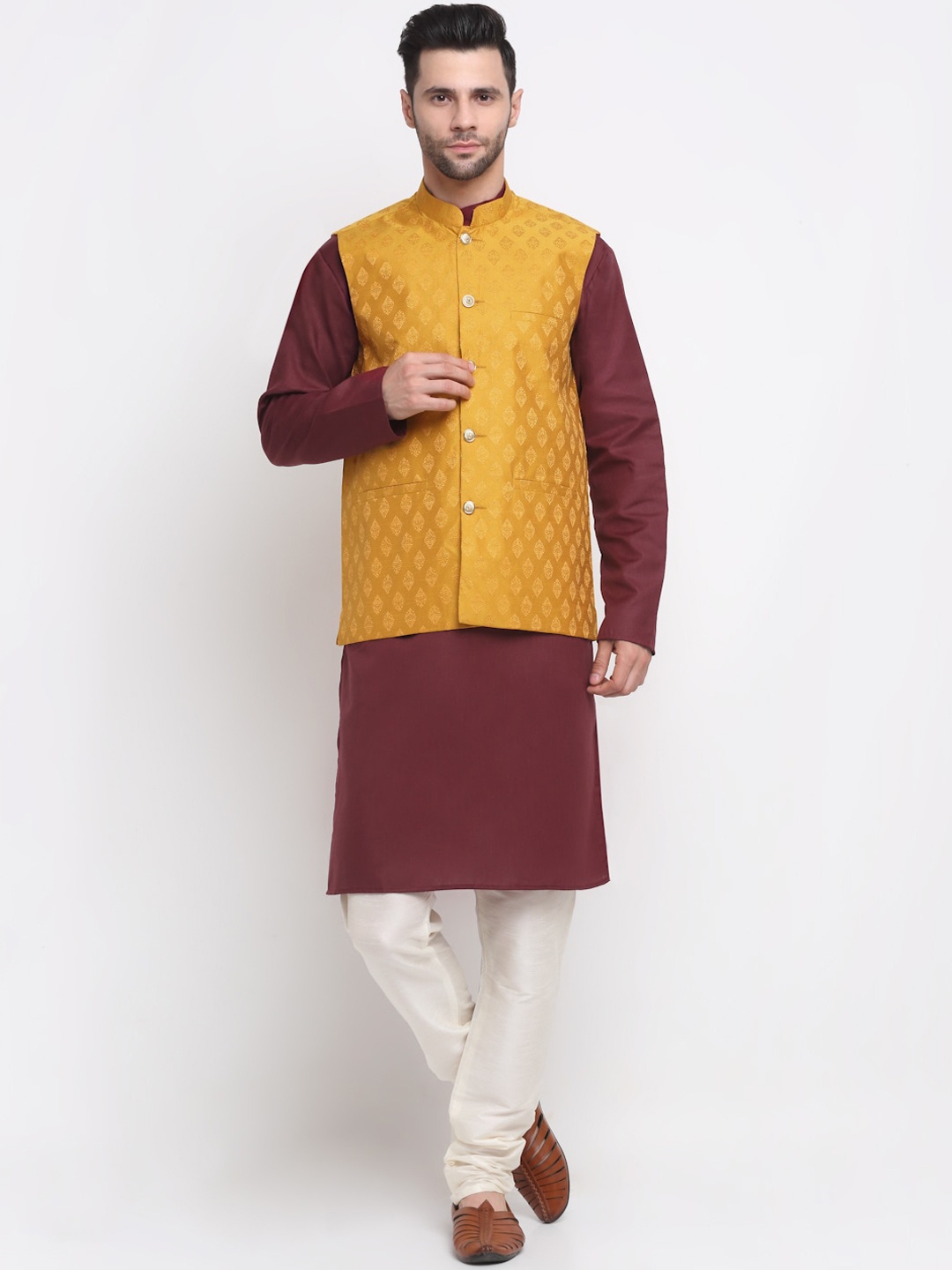 

NEUDIS Men Mandarin Collar Kurta with Churidar & Nehru Jacket, Yellow