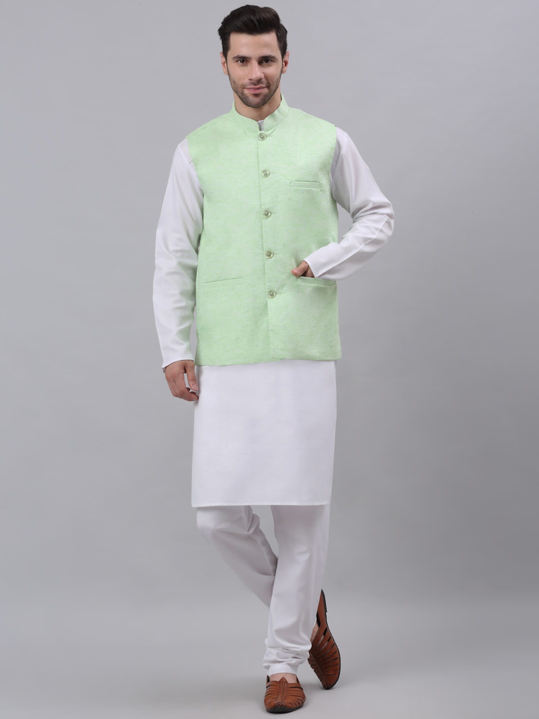 

NEUDIS Men Pure Cotton Kurta with Churidar & Nehru Jacket, White