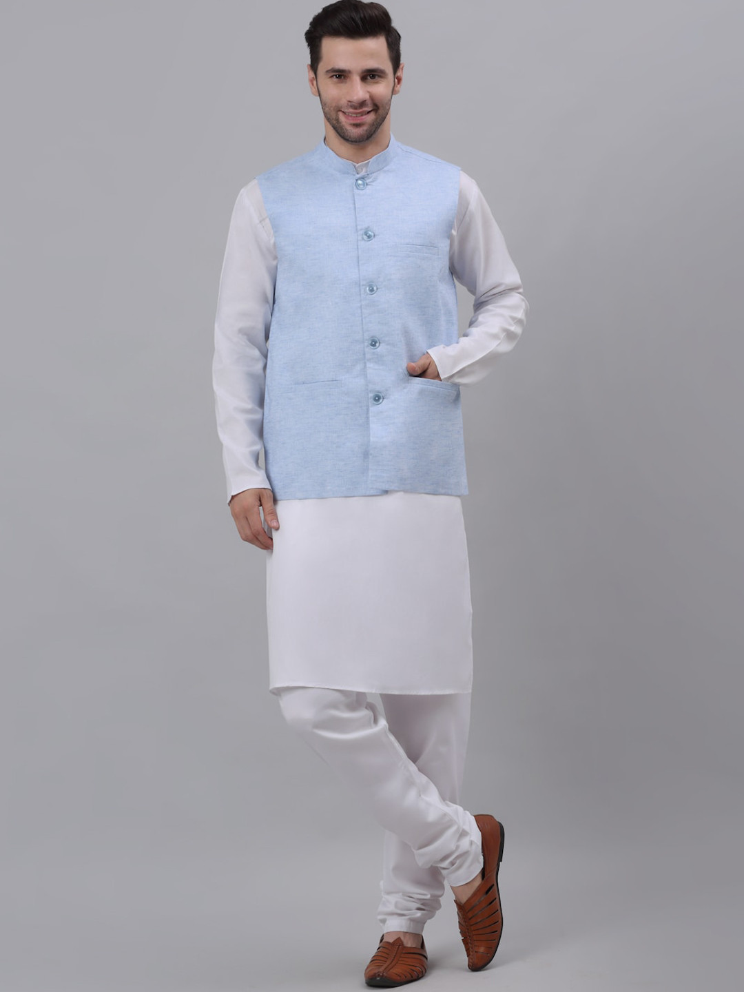 

NEUDIS Men Pure Cotton Kurta with Churidar & Nehru Jacket, Blue