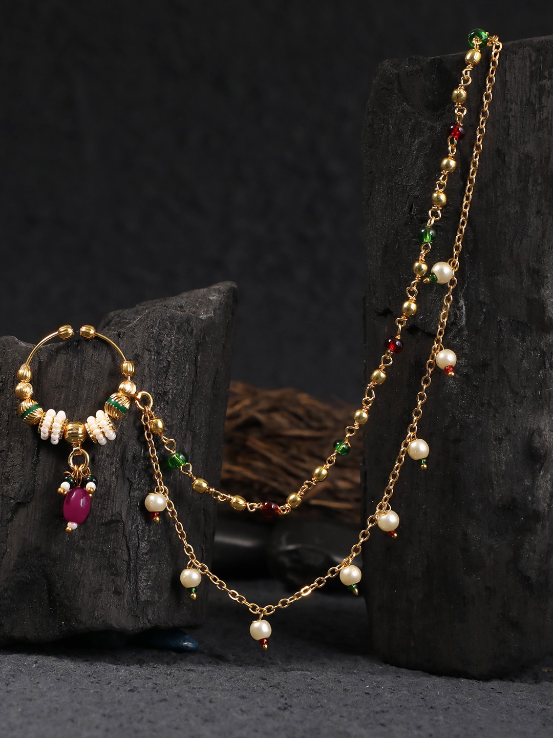 

Adwitiya Collection 24 CT Gold-Plated Stone-Studded & Beaded Chained Nosepin