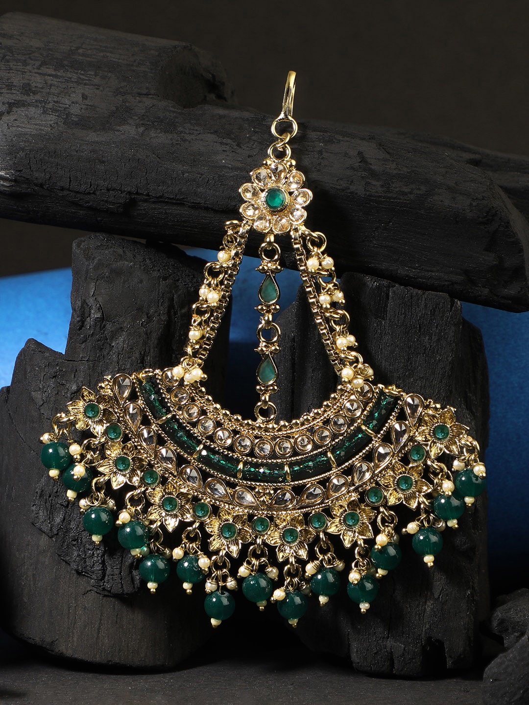 

Adwitiya Collection Gold-Plated Stone Studded & Beaded Jhumar Passa