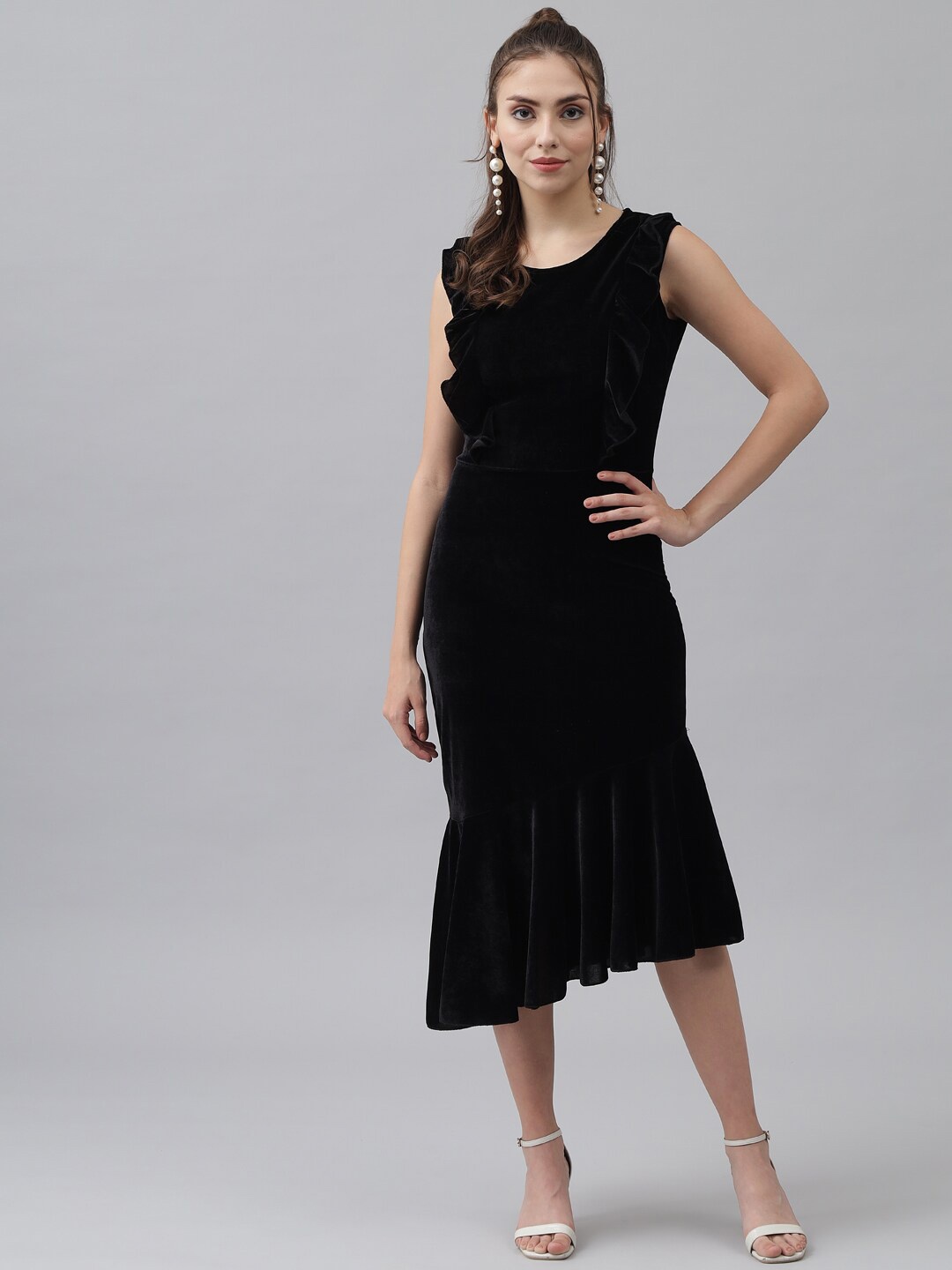 

VAARARO Flounce Velvet Sheath Midi Dress, Black