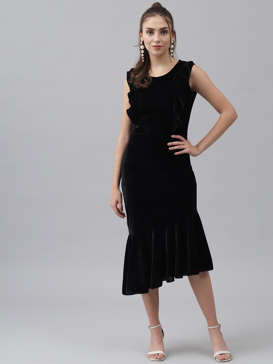 

VAARARO Velvet Sheath Midi Dress, Black