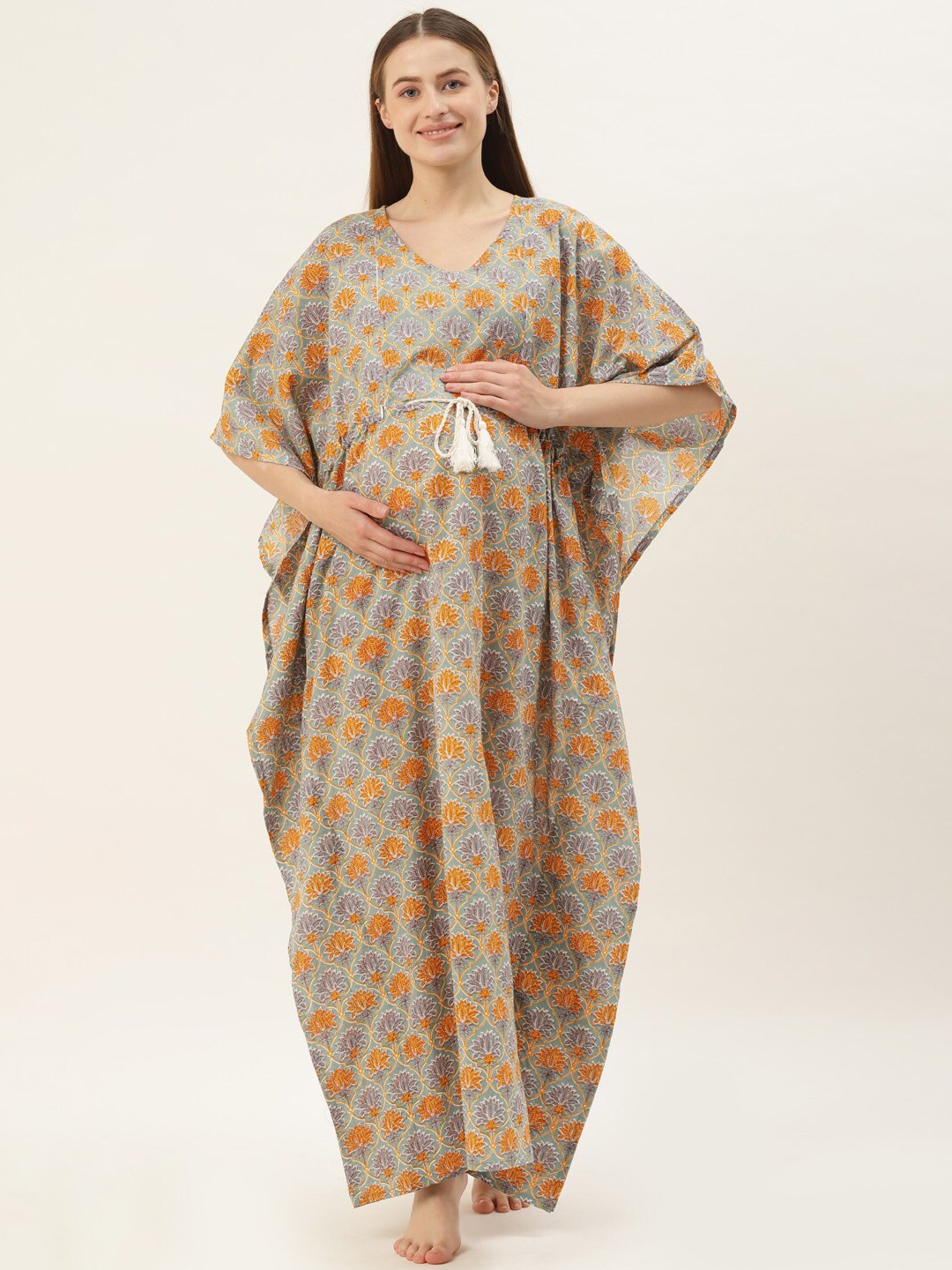 

Ikk Kudi by Seerat Maternity Floral Printed Pure Cotton Maxi Kaftan Nightdress, Grey