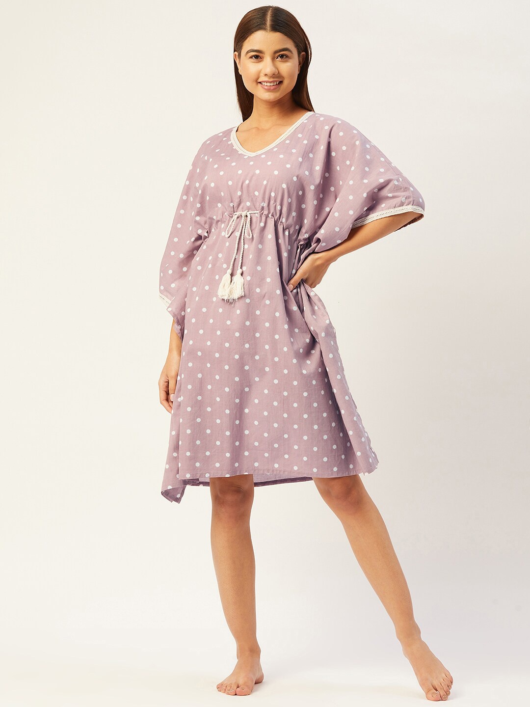 

Ikk Kudi by Seerat Polka Dot Printed Pure Cotton Kaftan Nightdress, Mauve