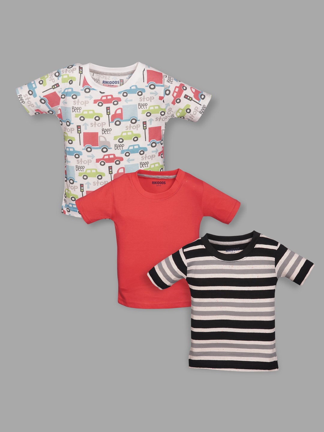 

RIKIDOOS Boys Pack Of 3 Round Neck Printed Cotton T-shirt, Red