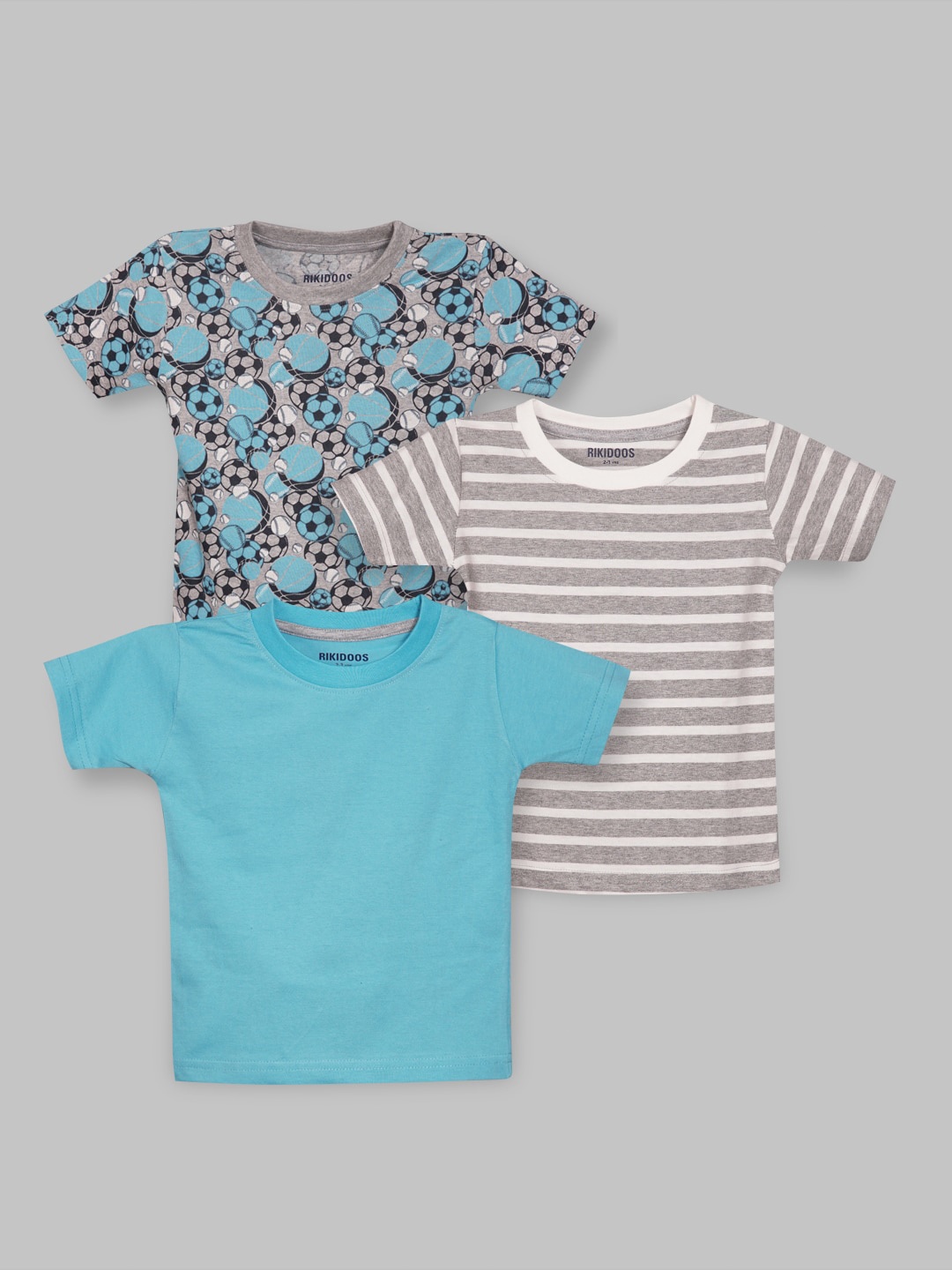 

RIKIDOOS Boys Pack Of 3 Round Neck Printed Cotton T-shirt, Blue