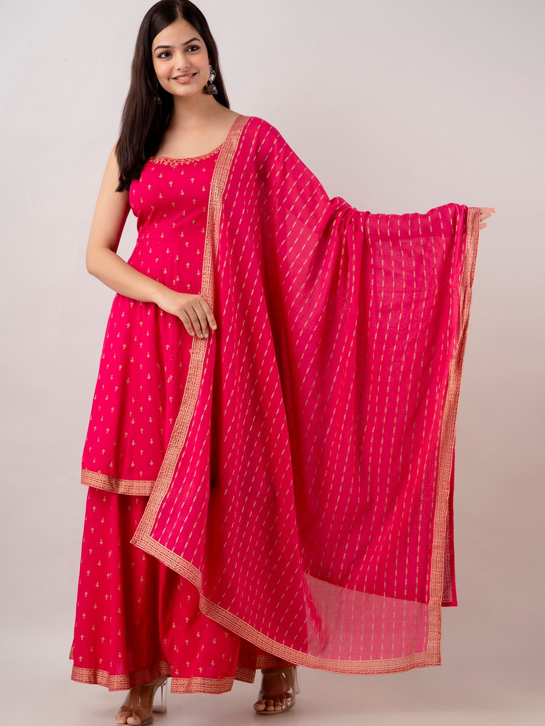 

KALINI Women Floral Embroidered Spaghetti Kurta Sharara and Dupatta set, Pink