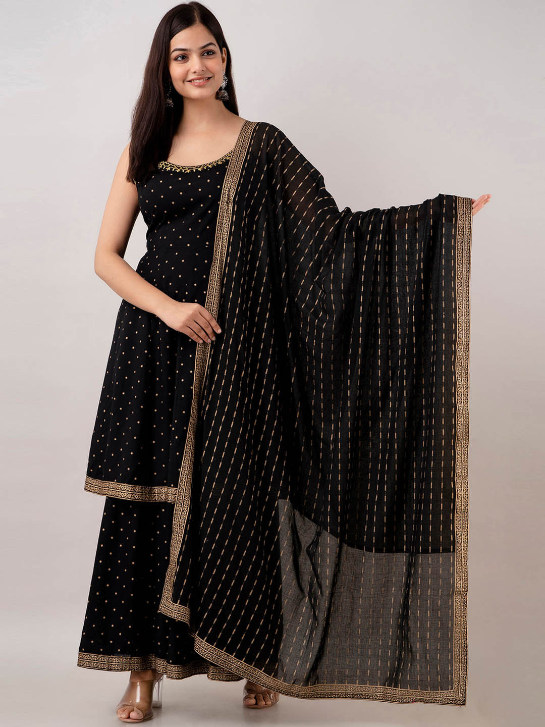 

OMASK Women Floral Embroidered Kurta with Sharara & With Dupatta, Black