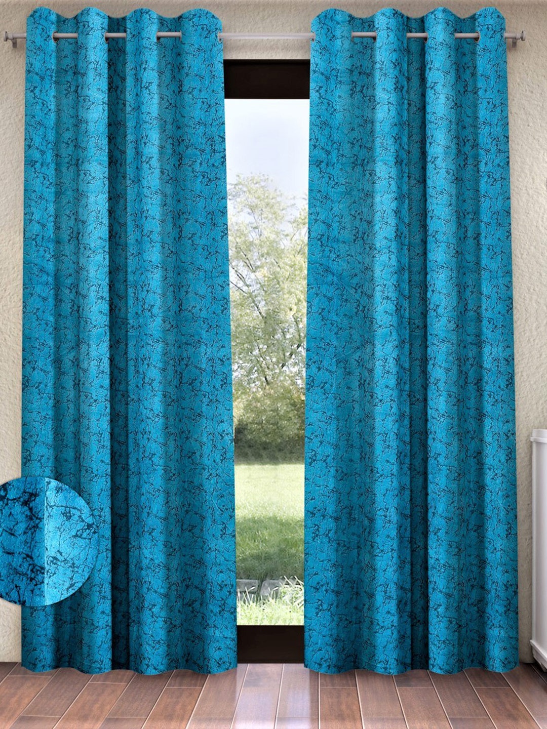 

Home Sizzler Turquoise Blue & Grey 2 Pcs Abstract Velvet Room Darkening Door Curtains