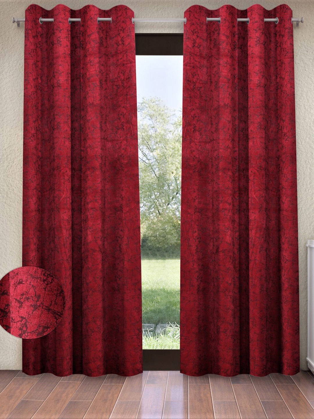 

Home Sizzler Maroon & Black 2 Pcs Abstract Velvet Room Darkening Long Door Curtains