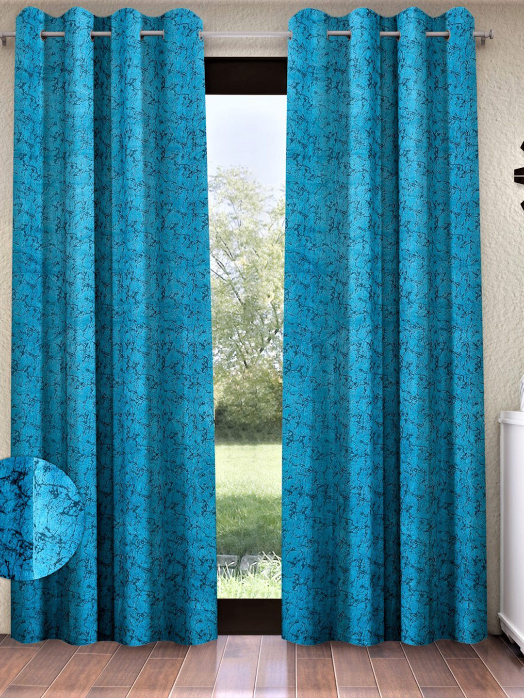 

Home Sizzler Turquoise Blue & Black 2 Pcs Abstract Room Darkening Velvet Long Door Curtain