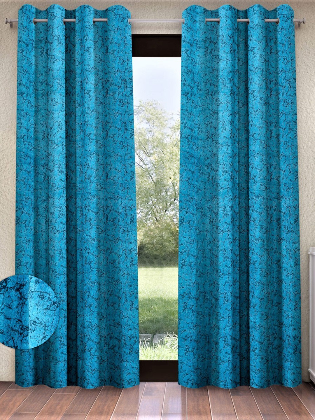 

Home Sizzler Turquoise Blue & Black 2 Pcs Abstract Room Darkening Window Curtain