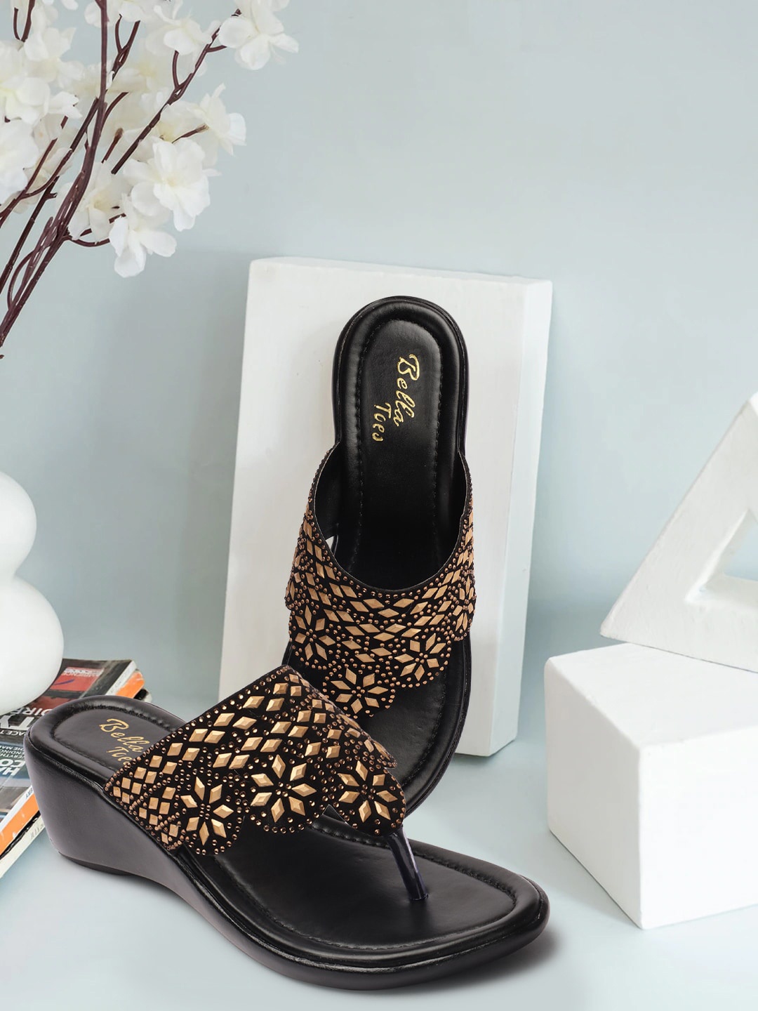 

Bella Toes Embellished Velvet Wedge Heels, Black