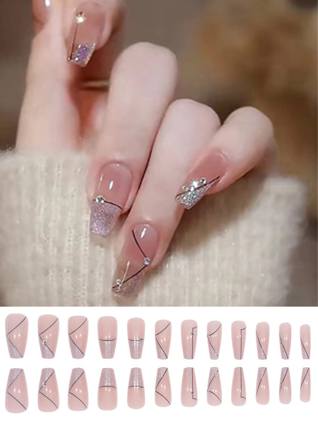 

Secret Lives Women 24 Pieces Transparent Grafti Lines Fake Nail Extension, Nude