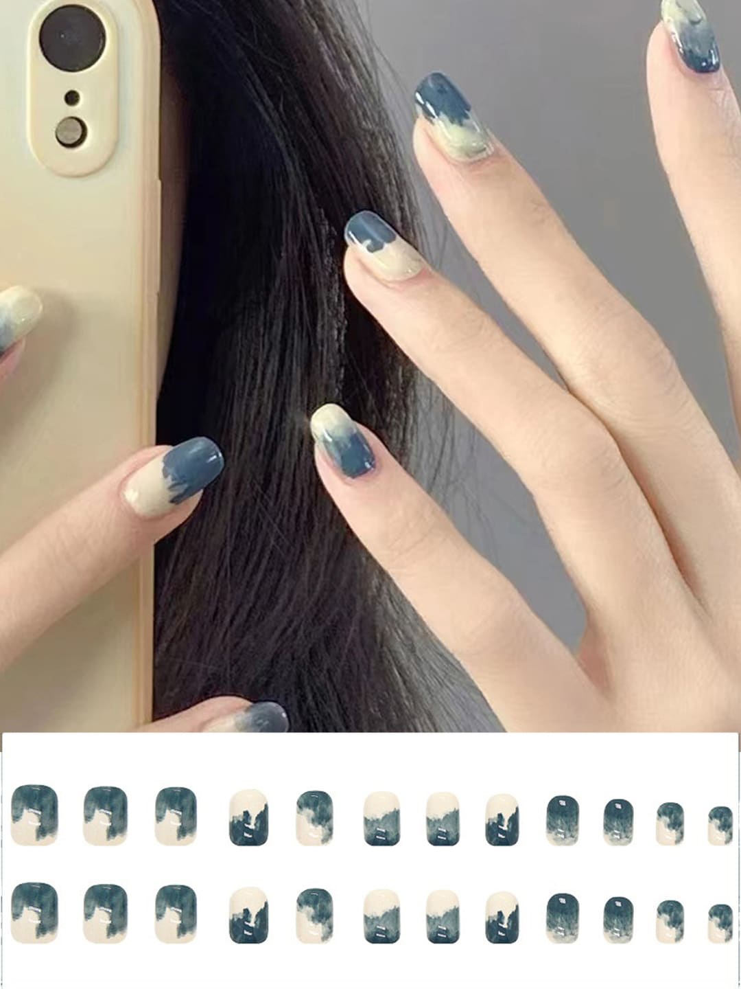 

Secret Lives 24 Pcs Glossy Ink False Nails - Blue & White, Off white