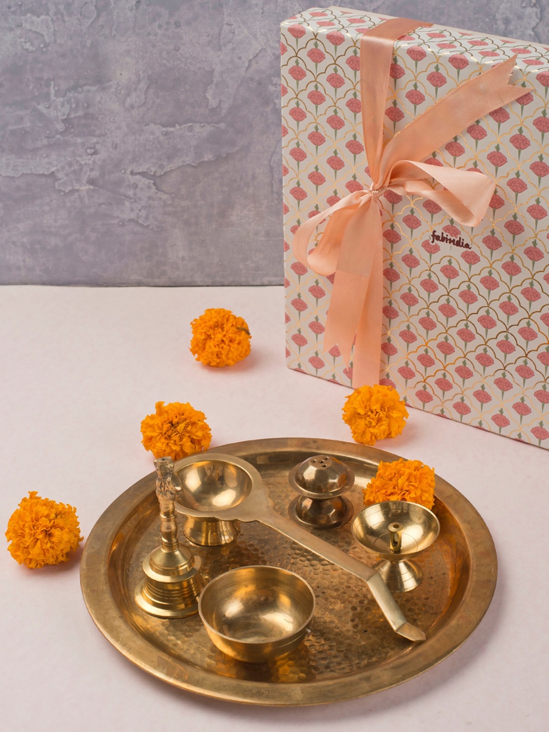 

Fabindia Mehnoor 6-Pcs Textured Brass Pooja Thali Gift Set, Gold