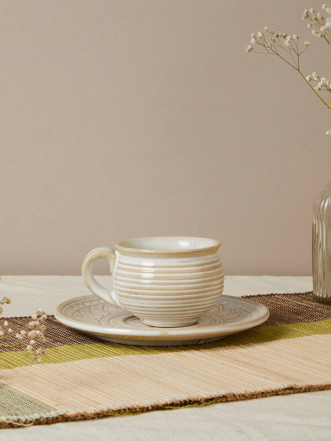 

Fabindia Idika 2 Pcs White Textured Ceramic Glossy Cups and Saucers 160 ml