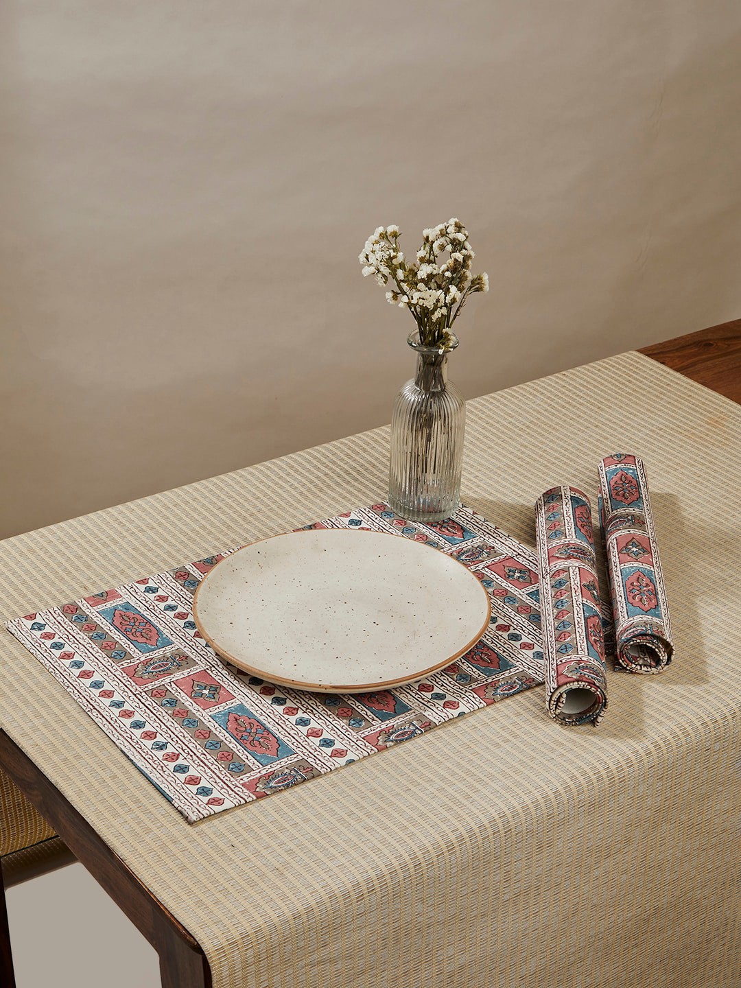 

Fabindia Cerise Cream & Pink 6 Pieces Ethnic Motifs Block Printed Cotton Table Placemats