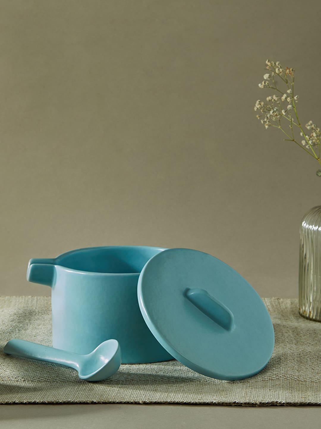 

Fabindia Maaya Blue Ceramic Soup Bowl With Lid and Spoon