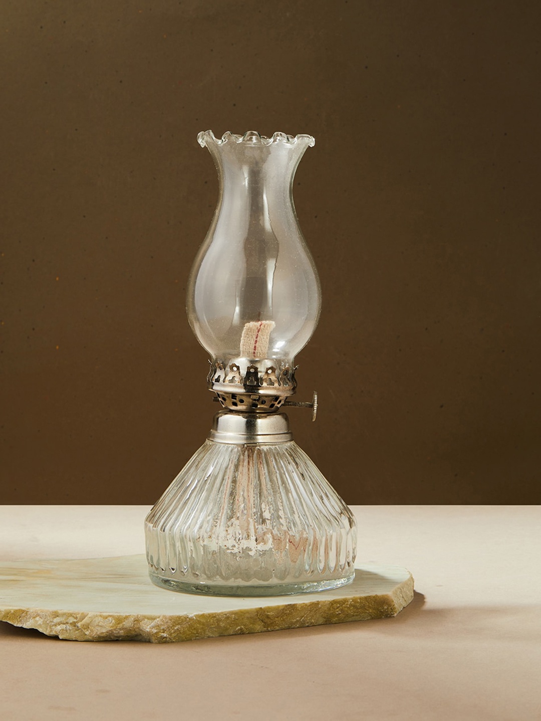 

Fabindia Transparent Textured Natural Chaandi Glass Oil Lamp