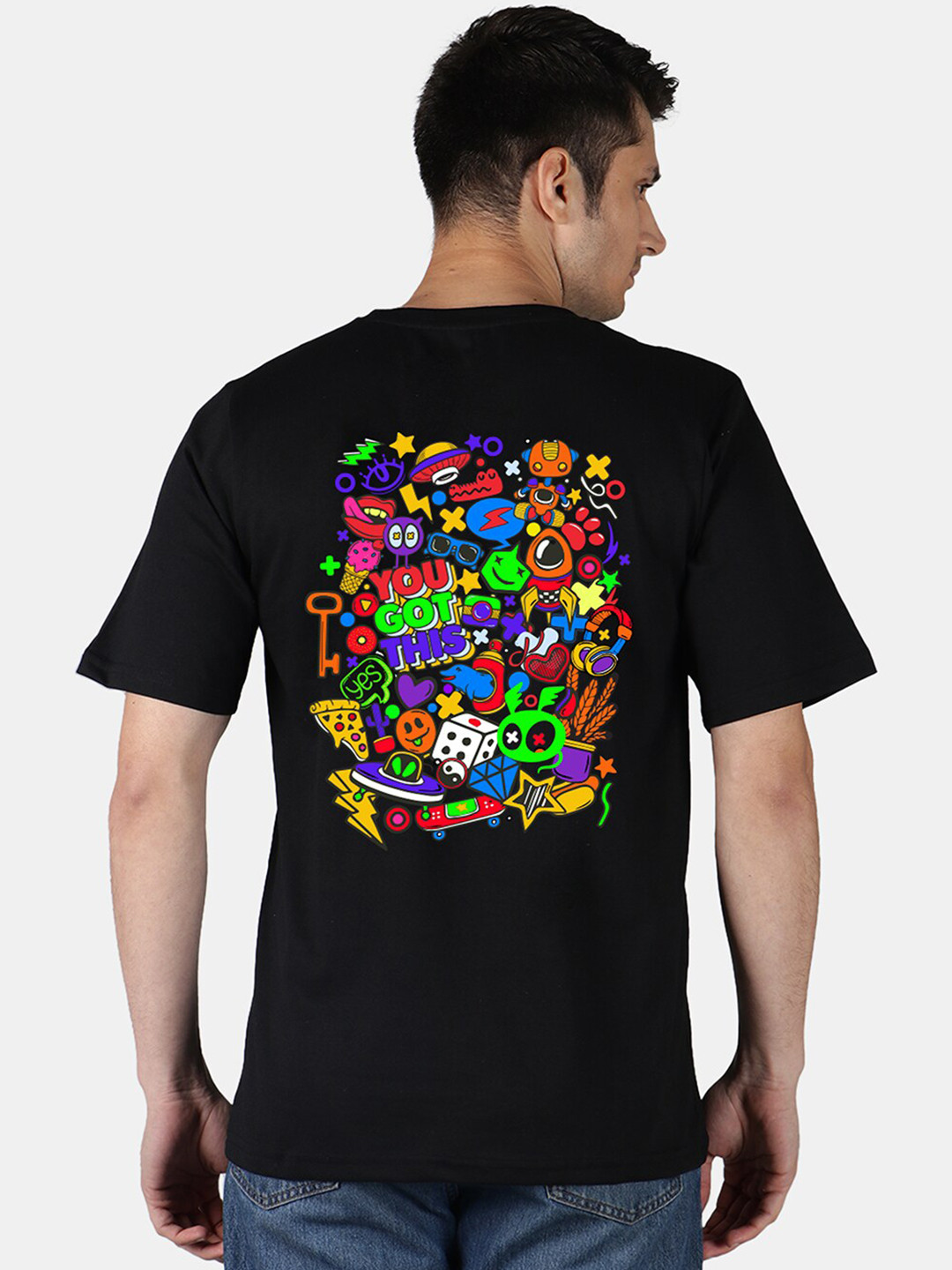 

Mad Over Print Round Neck Men Printed Cotton T-shirt, Black
