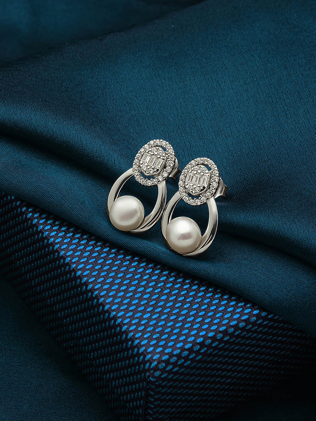 

SILBERRY 925 Sterling Silver CZ Studded Contemporary Rhodium Plated Studs Earrings