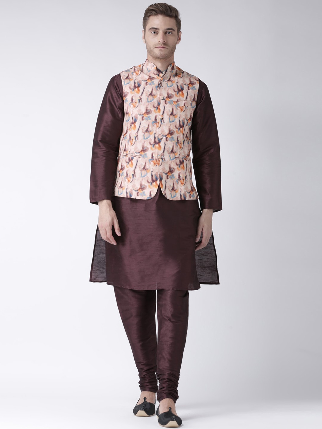 

hangup plus Men Kurta with Churidar & Nehru Jacket, Brown