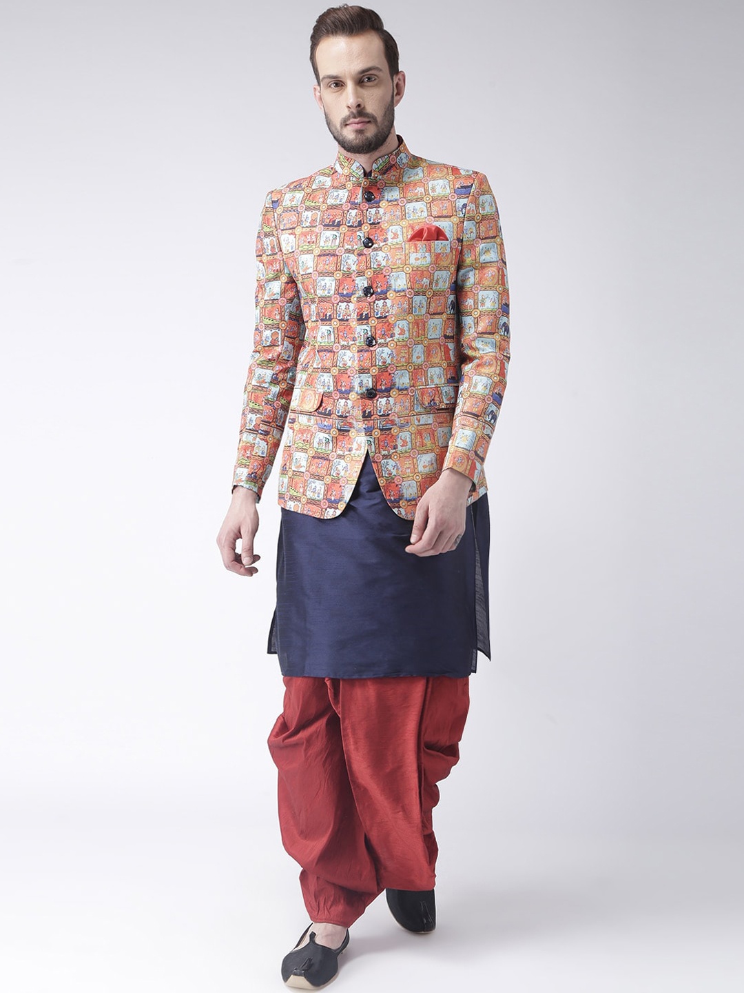 

hangup plus Men Straight Kurta with Dhoti Pants & With Printed Jacket, Navy blue