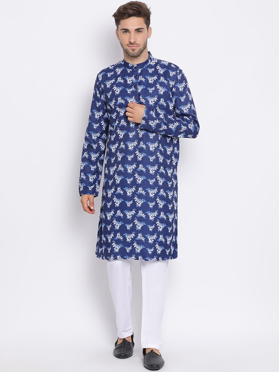 

hangup plus Men Floral Printed Kurta With Pyjamas & Nehru Jacket, Blue