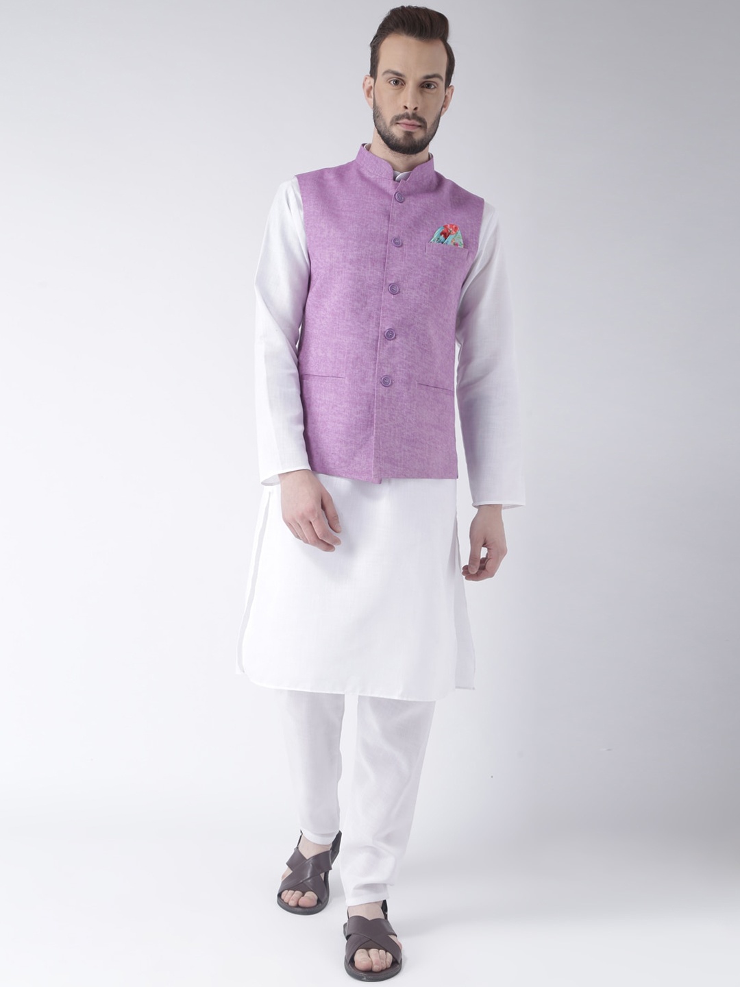 

hangup plus Men Mandarin Collar Kurta with Pyjamas & Jacket, White