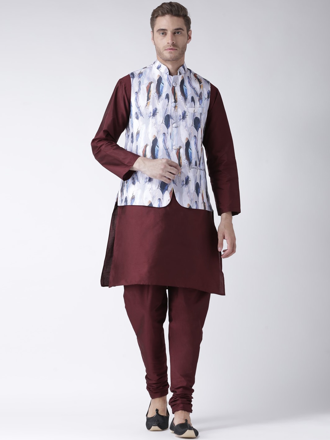 

hangup plus Men Raw Silk Kurta & Churidar With Nehru Jacket, White