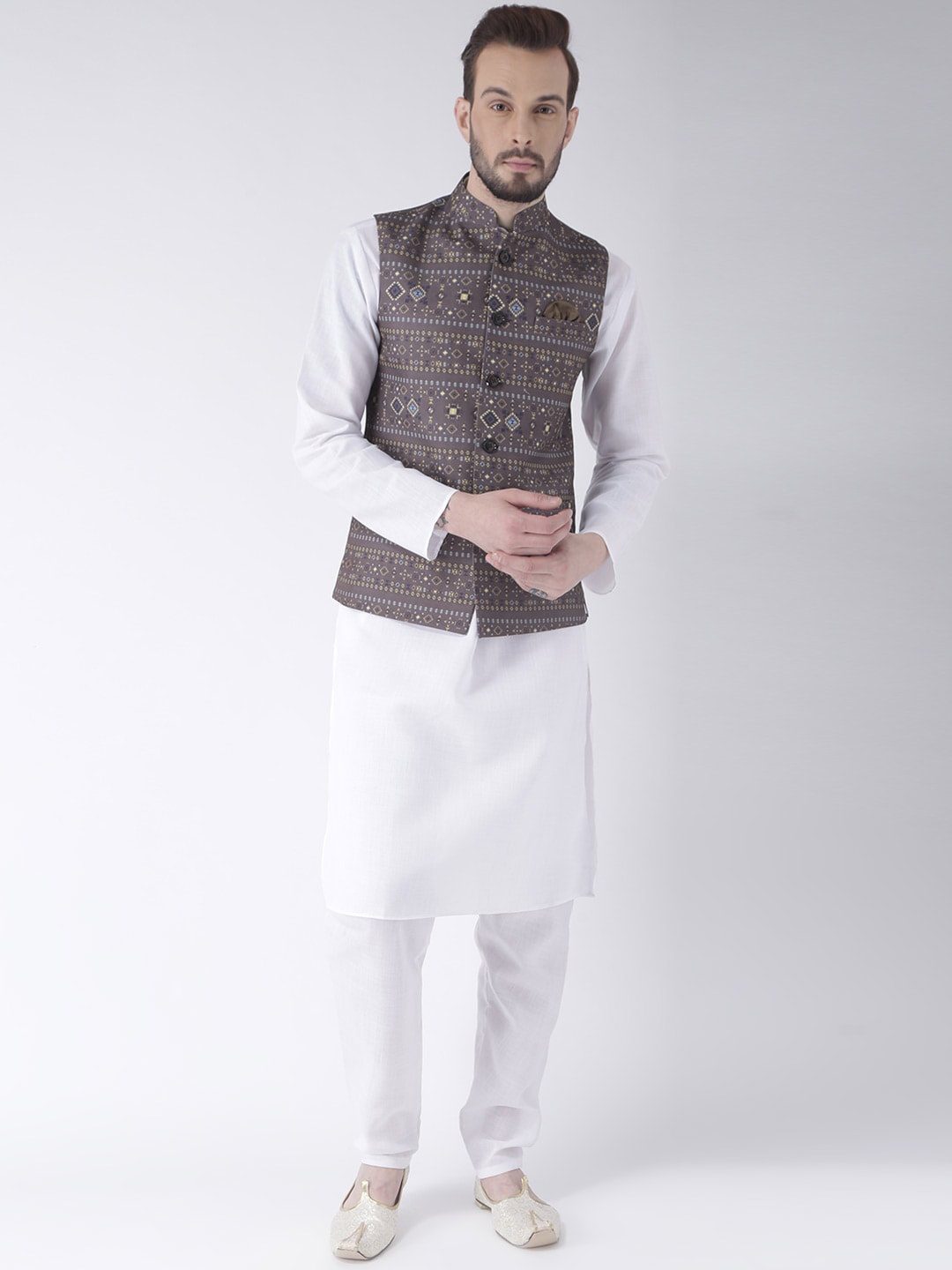 

hangup plus Men Kurta With Pyjamas & Nehru Jacket, White