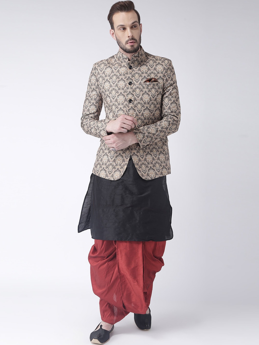 

hangup plus Men Printed Raw Silk Kurta with Dhoti Pants & Printed Jacket, Black