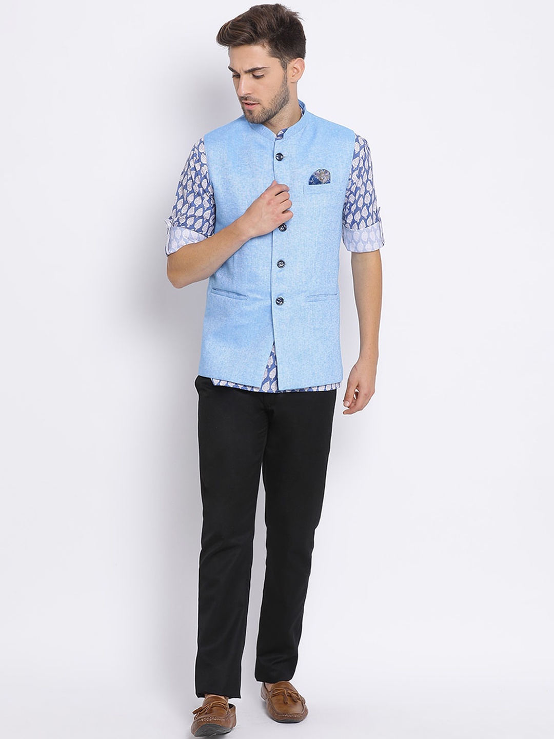 

hangup plus Men Short Kurta with Trousers & Nehru Jacket, Blue