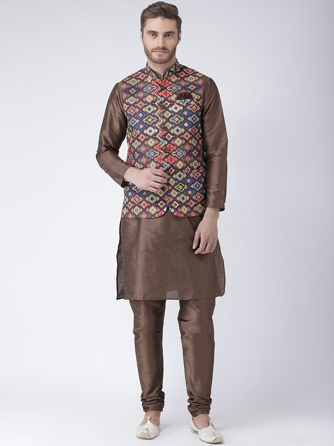 

hangup plus Men Printed Kurta & Churidar With Nehru Jacket, Brown