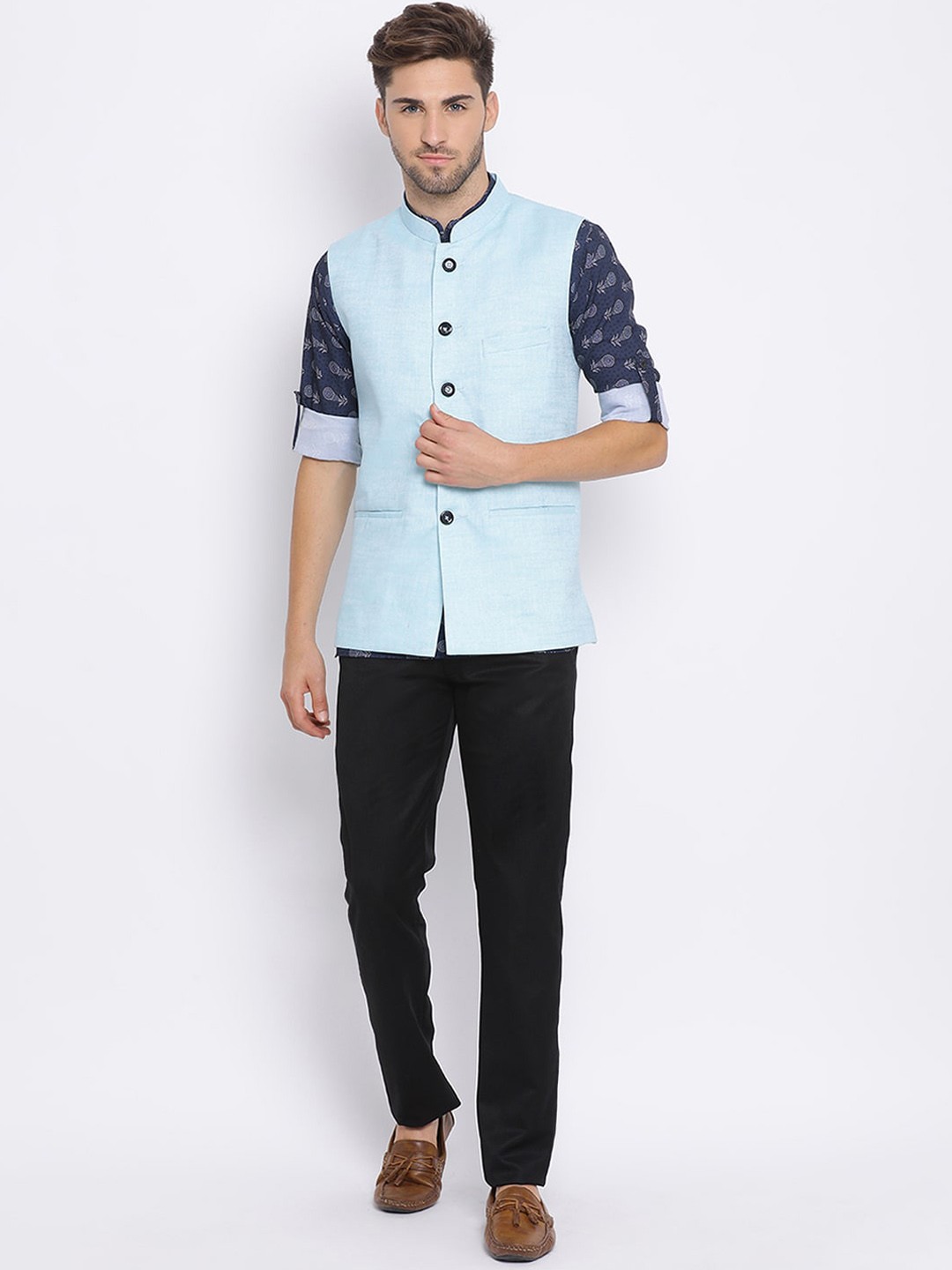 

hangup plus Men Printed Kurta & Trousers With Nehru Jacket, Blue