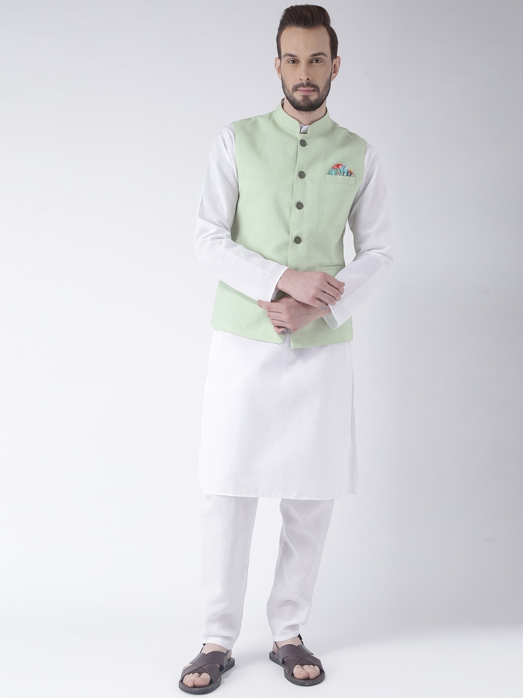 

hangup plus Men Pure Cotton Kurta with Pyjamas & Nehru Jacket, White