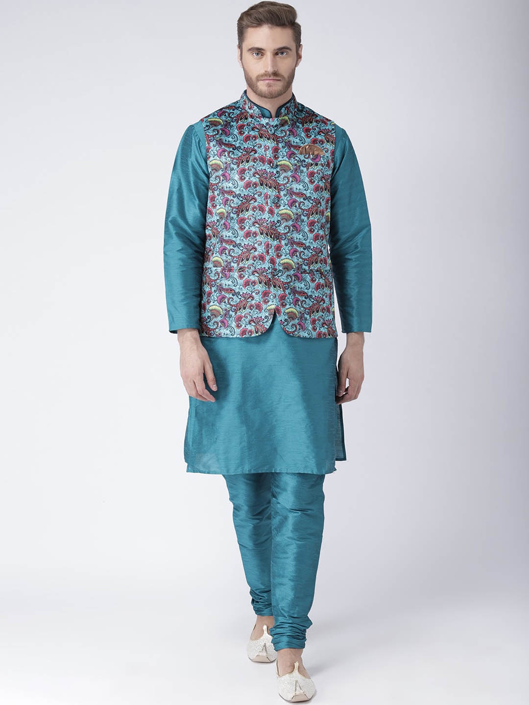 

hangup plus Men Mandarin Collar Kurta with Pyjamas & Nehru Jacket, Turquoise blue