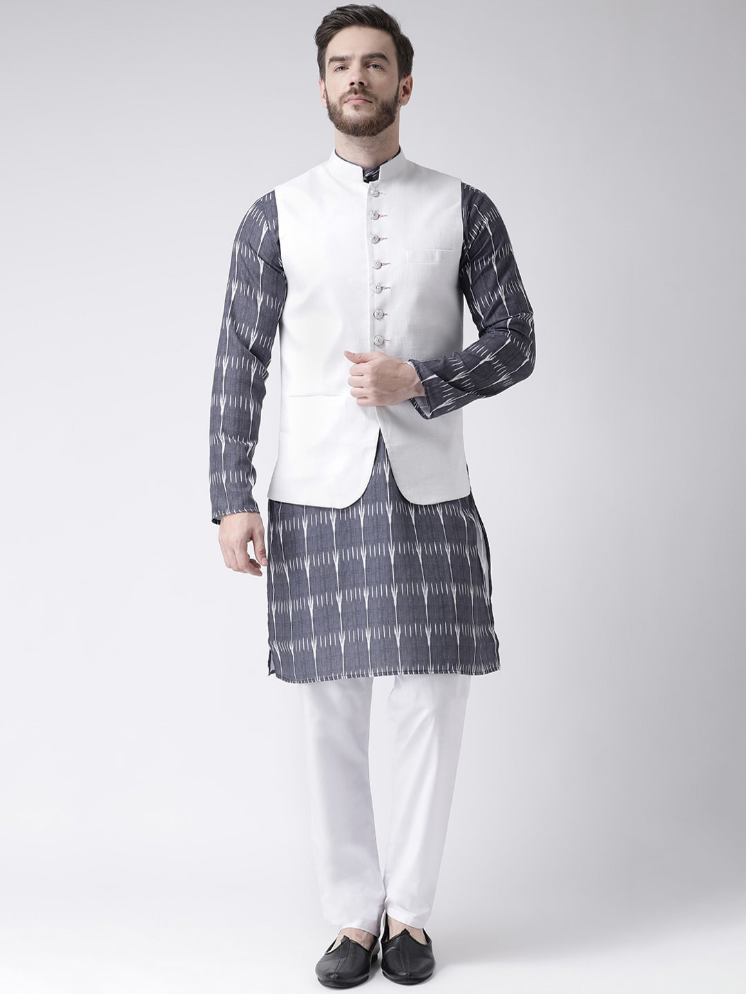 

hangup plus Men Printed Kurta & Salwar With Nehru Jacket, Grey