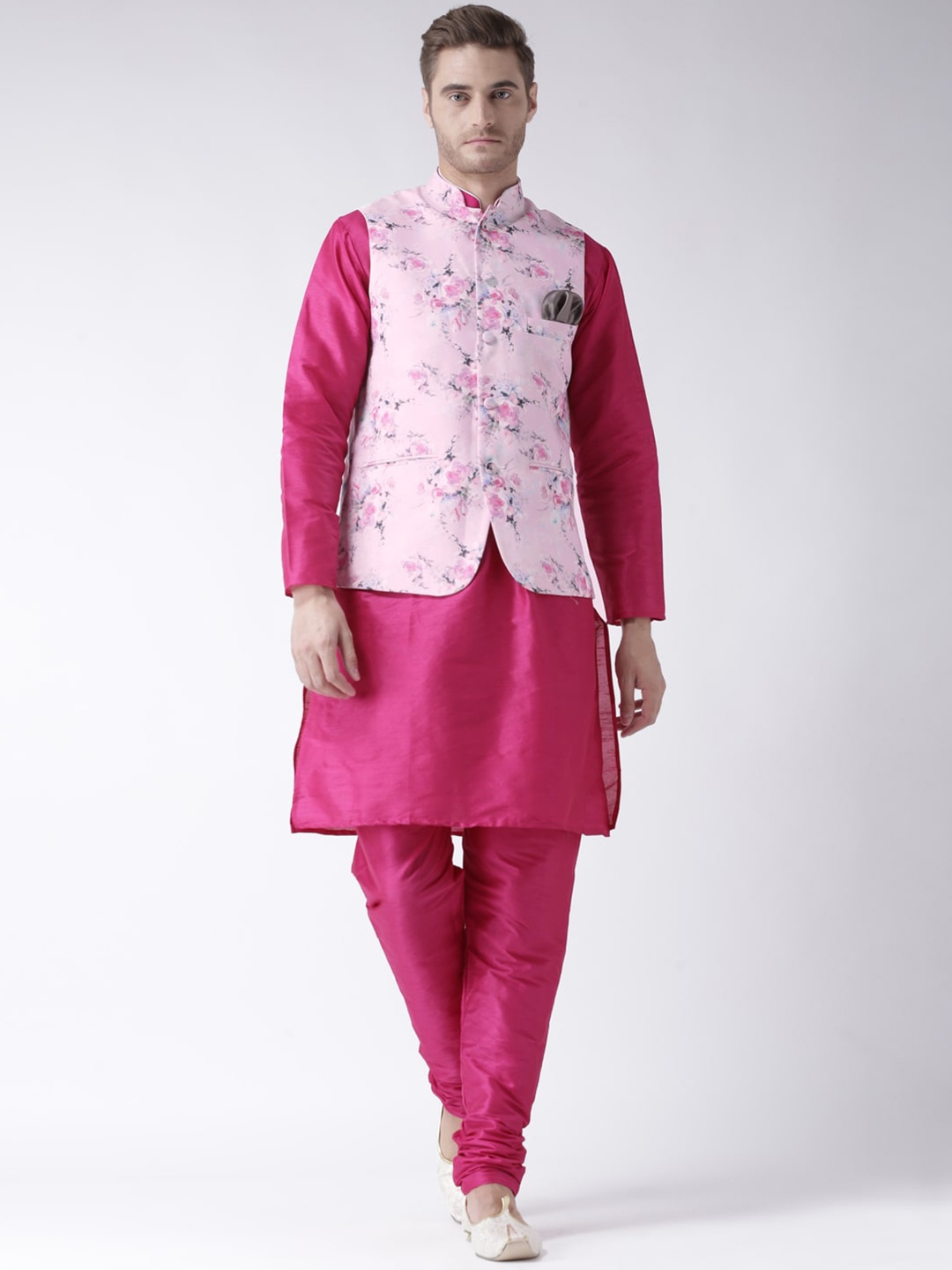 

hangup plus Men Mandarin Collar Kurta with Churidar & Nehru Jacket, Pink
