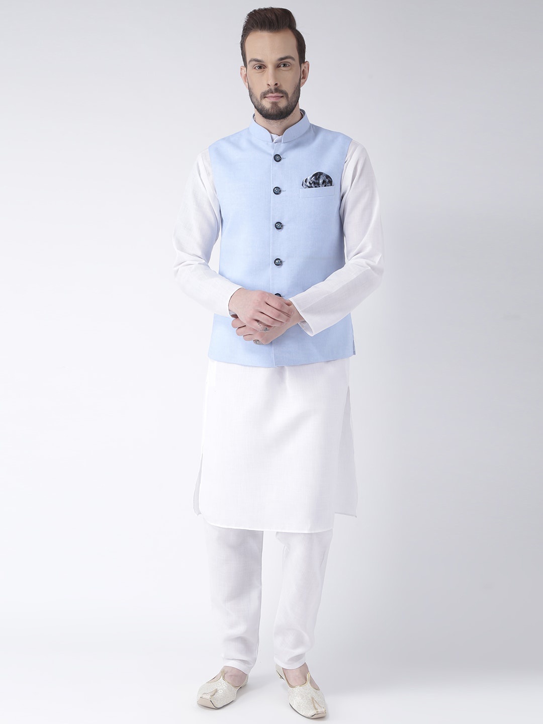 

hangup plus Men Mandarin Collar Kurta with Pyjamas & Jacket, Blue