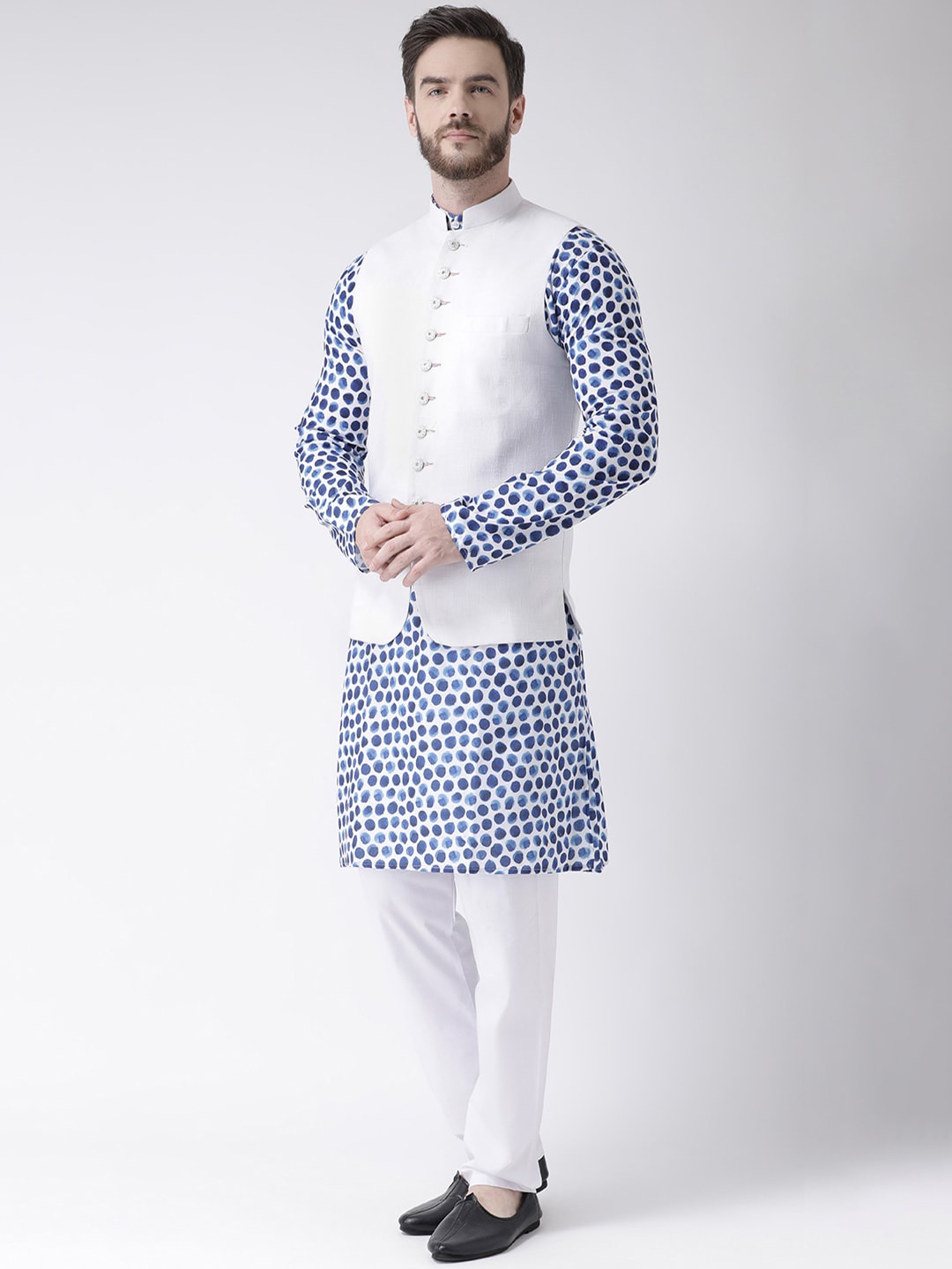 

hangup plus Men Printed Kurta with Pyjamas & with Nehru Jacket, White