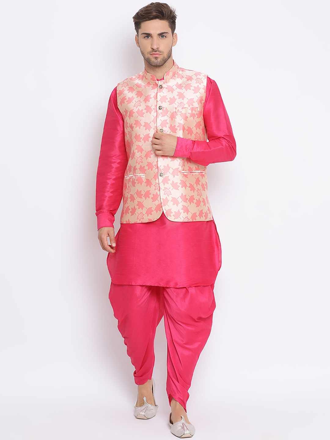 

hangup plus Men Mandarin Collar Kurta with Harem & Nehru Jacket, Coral