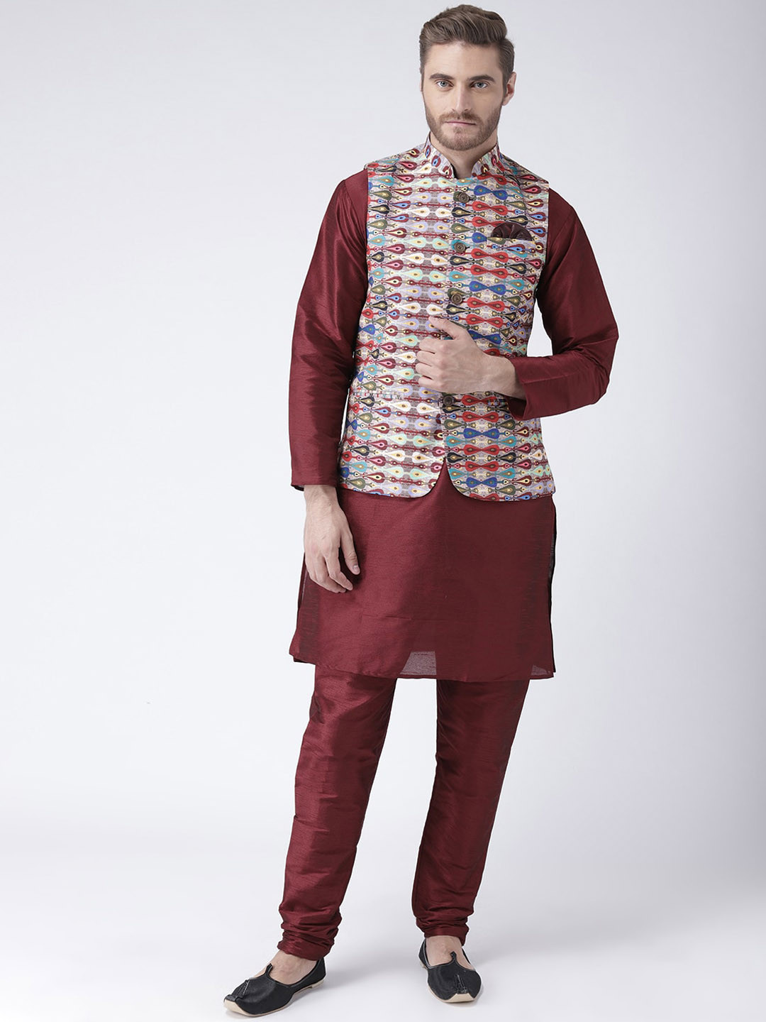 

hangup plus Men Linen Kurta With Pyjamas & Nehru Jacket, Brown