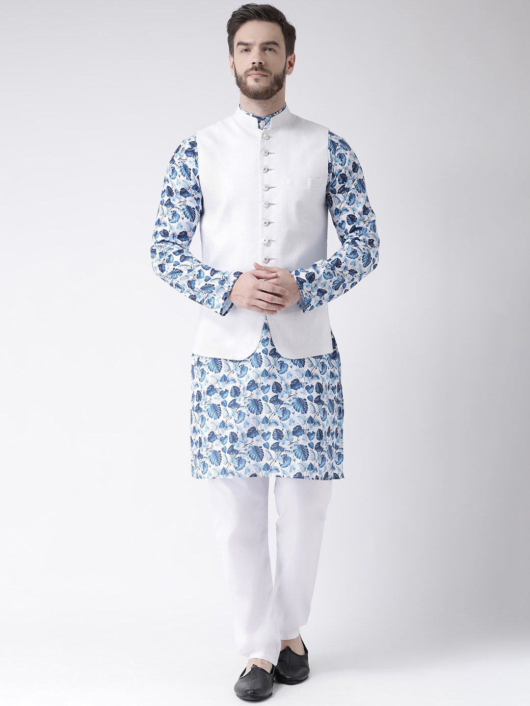 

hangup plus Men Printed Straight Kurta with Pyjamas & With Nehru jacket, Navy blue