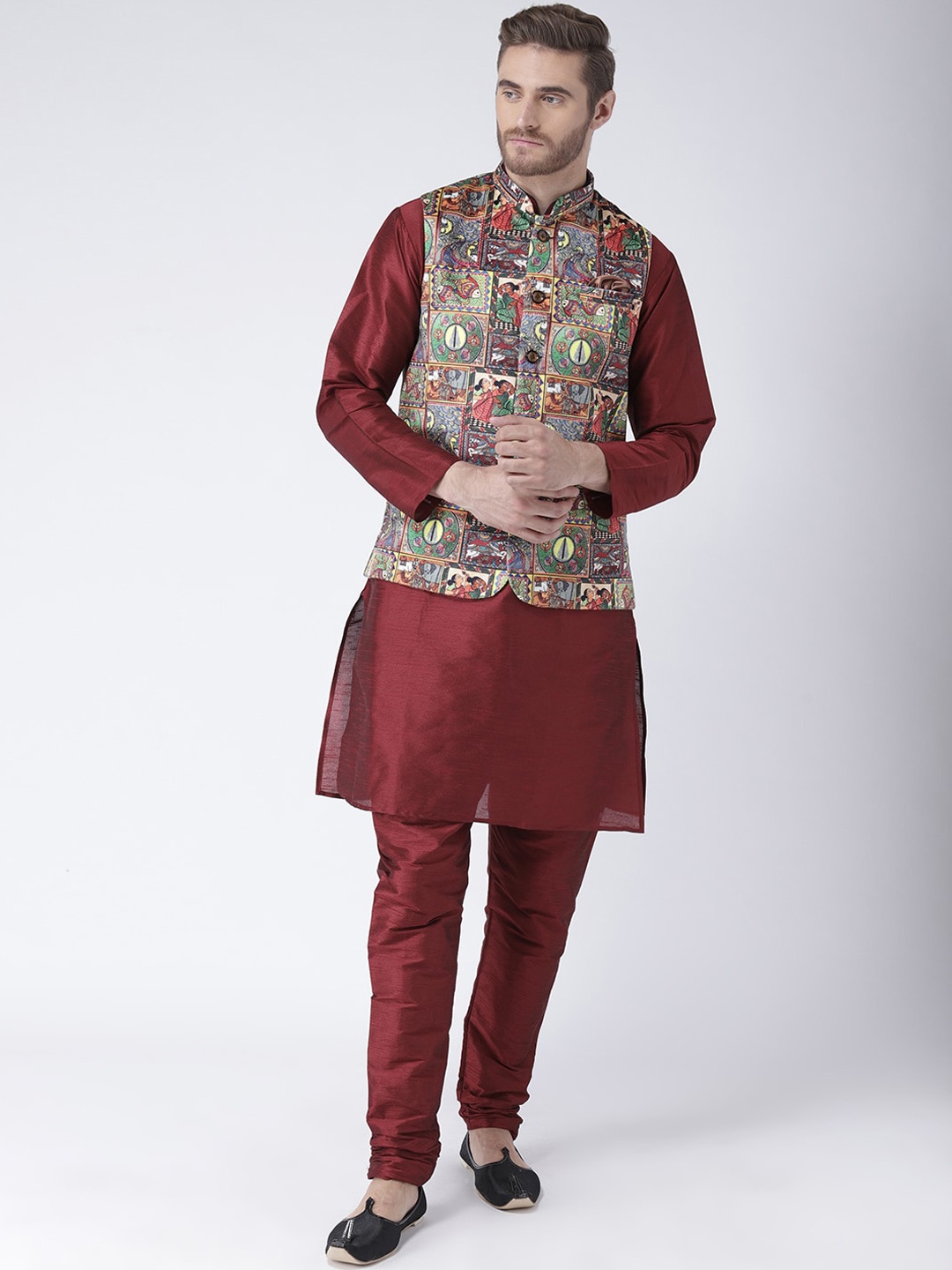 

hangup plus Men Linen Kurta with Churidar & Nehru Jacket, Maroon