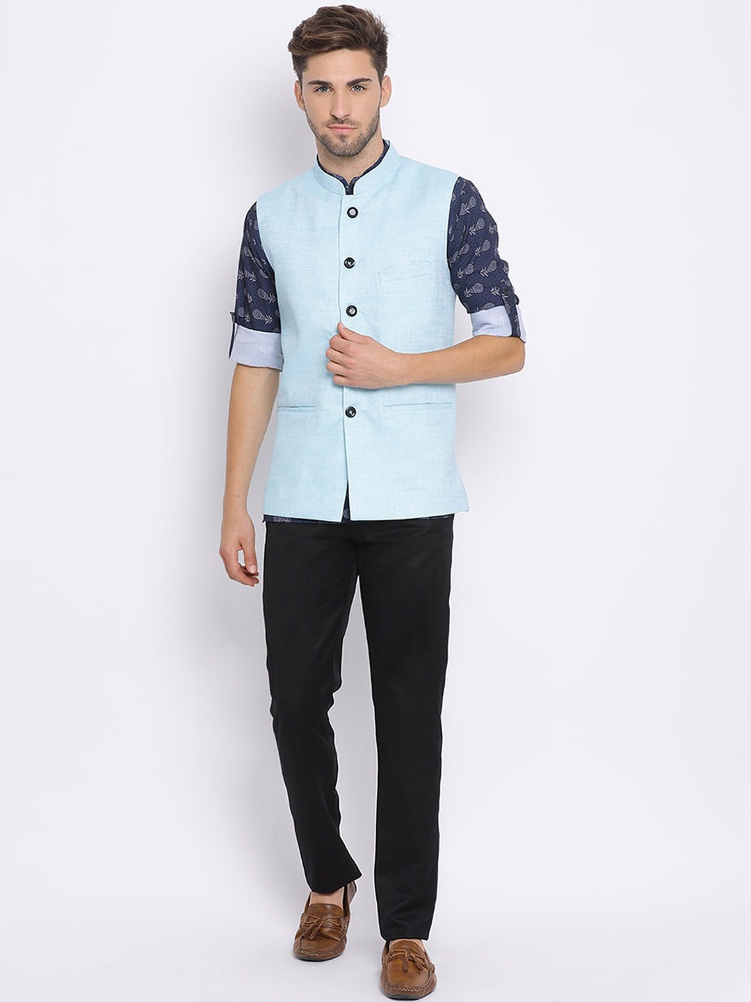 

Hangup Men Printed Linen Kurta with Trousers & Nehru Jacket, Blue