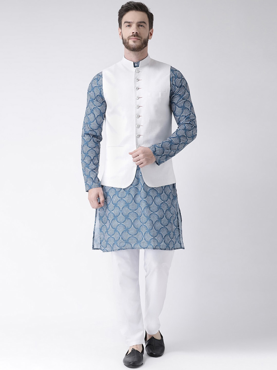 

Hangup Men Printed Kurta with Pyjamas & Nehru Jacket, Blue
