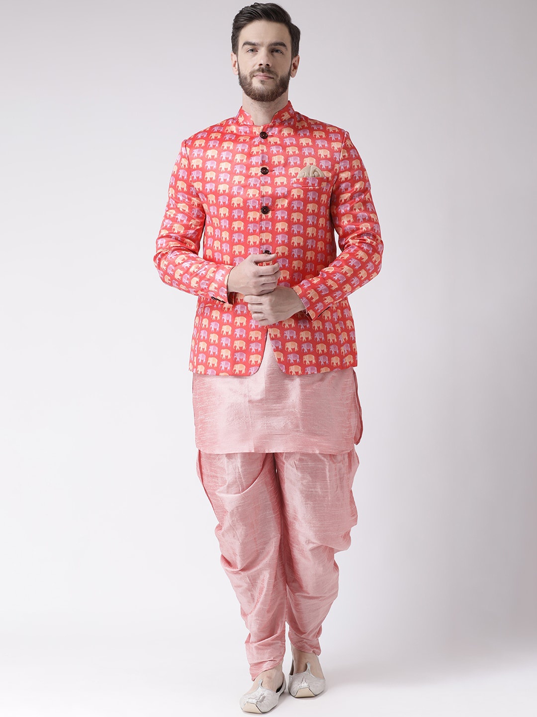 

Hangup Men Mandarin Collar Kurta with Harem Pants & Nehru Jacket, Pink